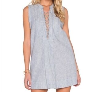 FREE PEOPLE Blue White Off Poplin Chambray Striped Lace‎ Up Mini Dress Women's M